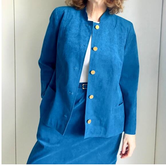 Vintage 80s Ultra Suede Womens Suit Blue Union Made Skirt/Blazer Set Size Large - Picture 5 of 13